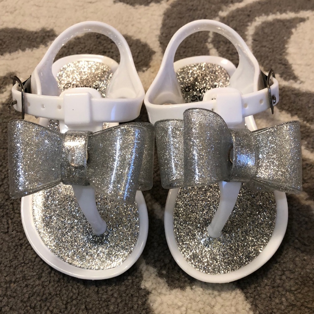 Baby Sz 4 Jelly Glitter White & Silver Bow Sandals
